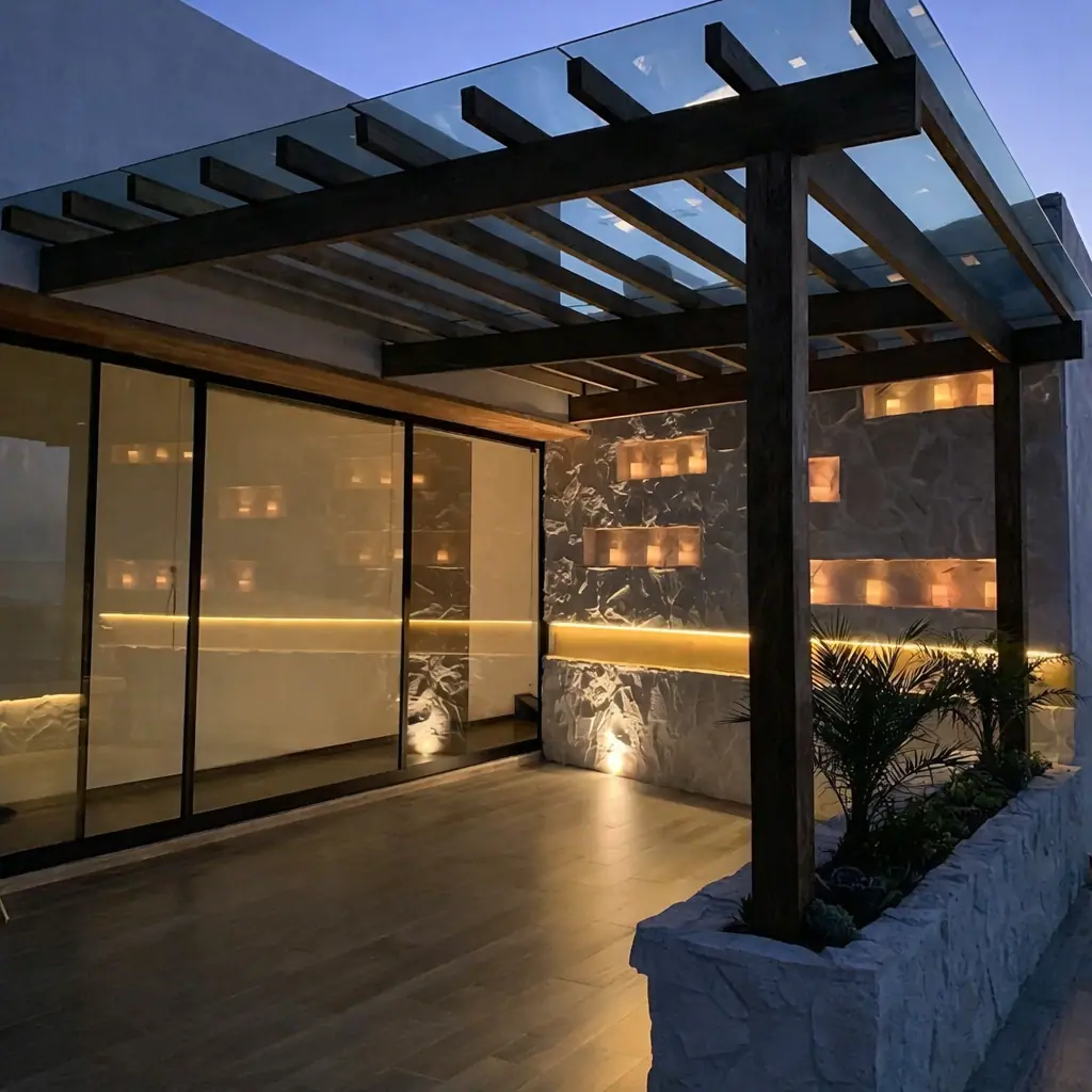 WM Construction pergola with lit timber soffit in Mauritius